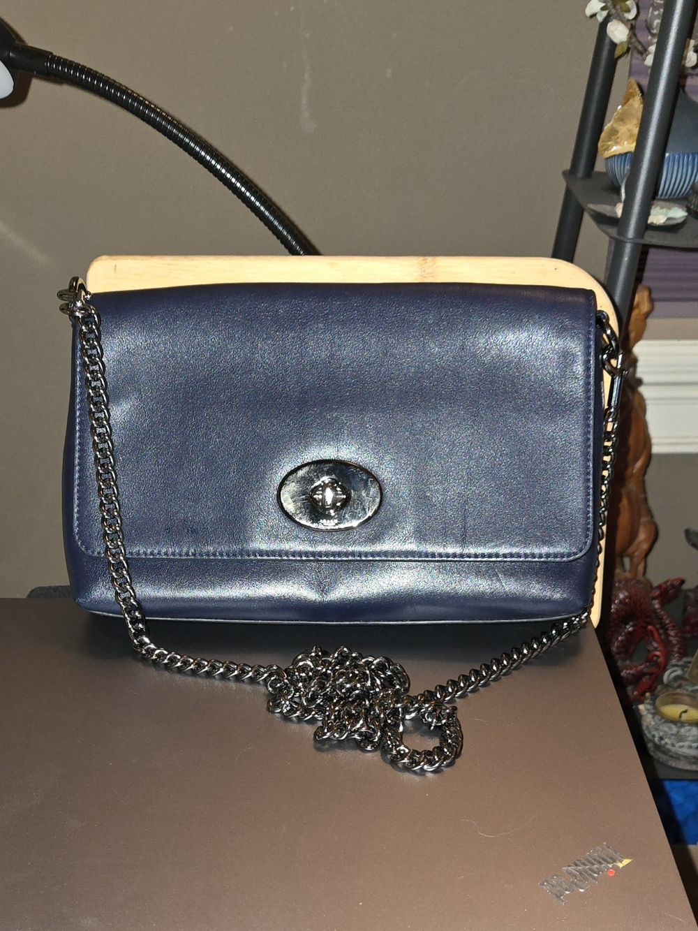 Coach Navy Leather Crossbody Bag with Gunmetal Chain. Like New. 22.5" Strap Drop